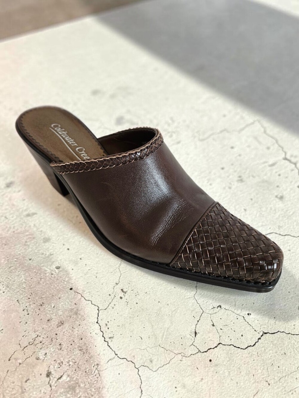 Coldwater Creek Mules Sz 7.5 Western Woven Square Toe Leather Clogs Brown